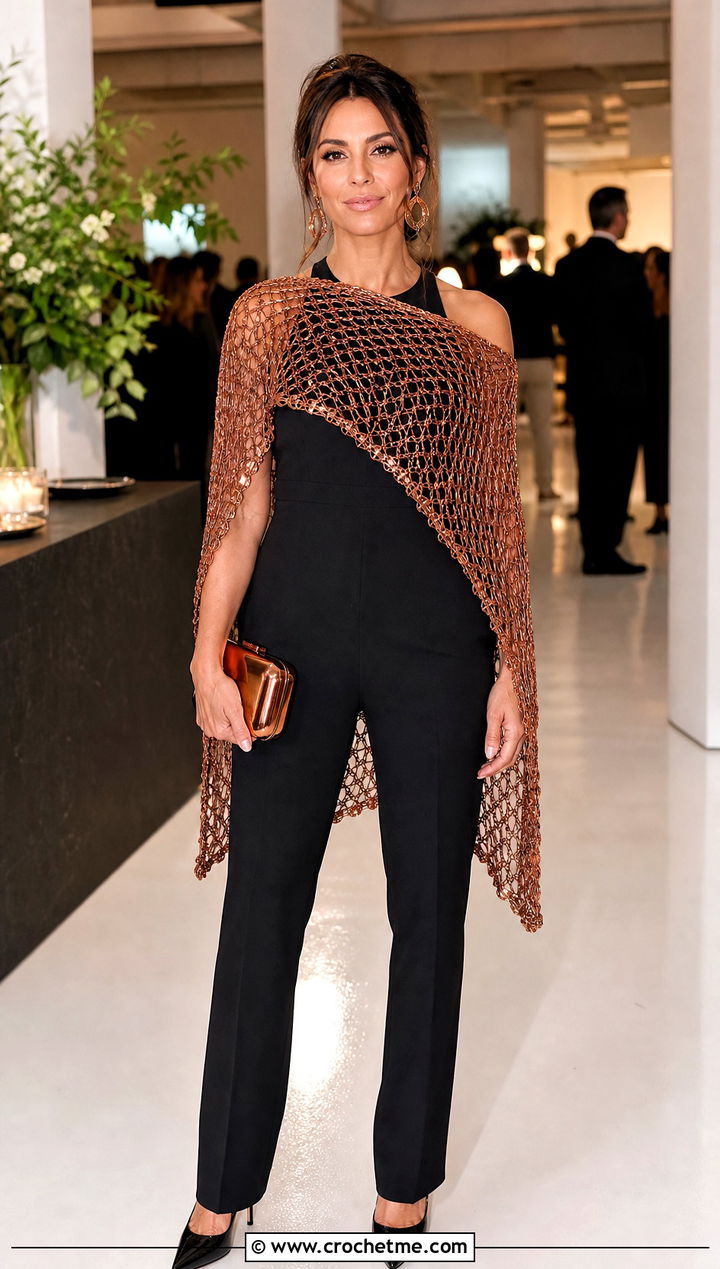 Metallic Crochet Poncho With Black Jumpsuit - 15 Crochet Womens Poncho outfit ideas