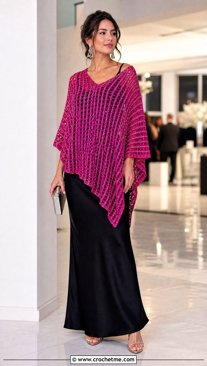 Metallic Crochet Poncho With Sleeves And Maxi Skirt - 30 crochet poncho with sleeves outfit ideas