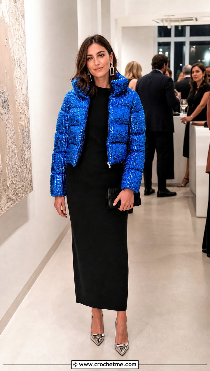 Metallic Crochet Puffer Jacket With Column Dress - 35 crochet puffer jacket outfit ideas