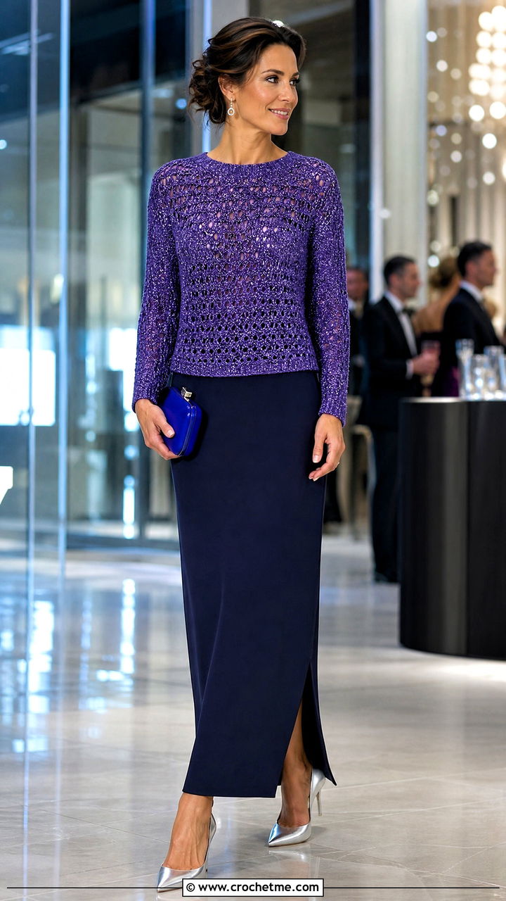 Metallic Crochet Pullover With Tailored Maxi Skirt - 35 crochet pullover outfit ideas