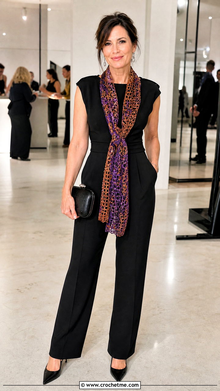 Metallic Crochet Scarf With Black Jumpsuit - 35 crochet scarf ideas