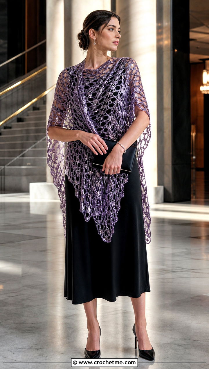 Metallic Crochet Shawl With Black Midi Dress - 25 Crochet A Shawl outfit ideas