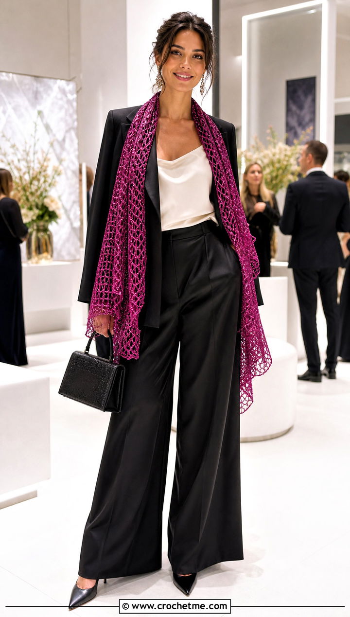 Metallic Crochet Shawl With Satin Pants And Blazer - 35 easy crochet shawl outfit ideas