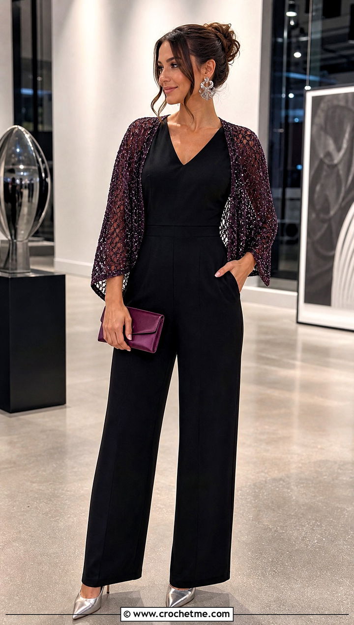 Metallic Crochet Shrug With Black Jumpsuit - 30 easy simple crochet shrug outfit ideas