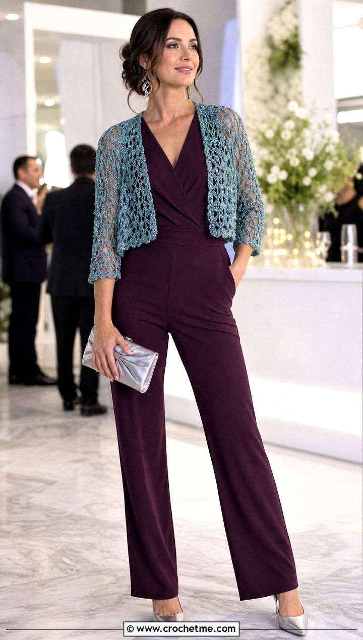 Metallic Crochet Shrug With Evening Jumpsuit - 30 crochet sweater sleeves outfit ideas
