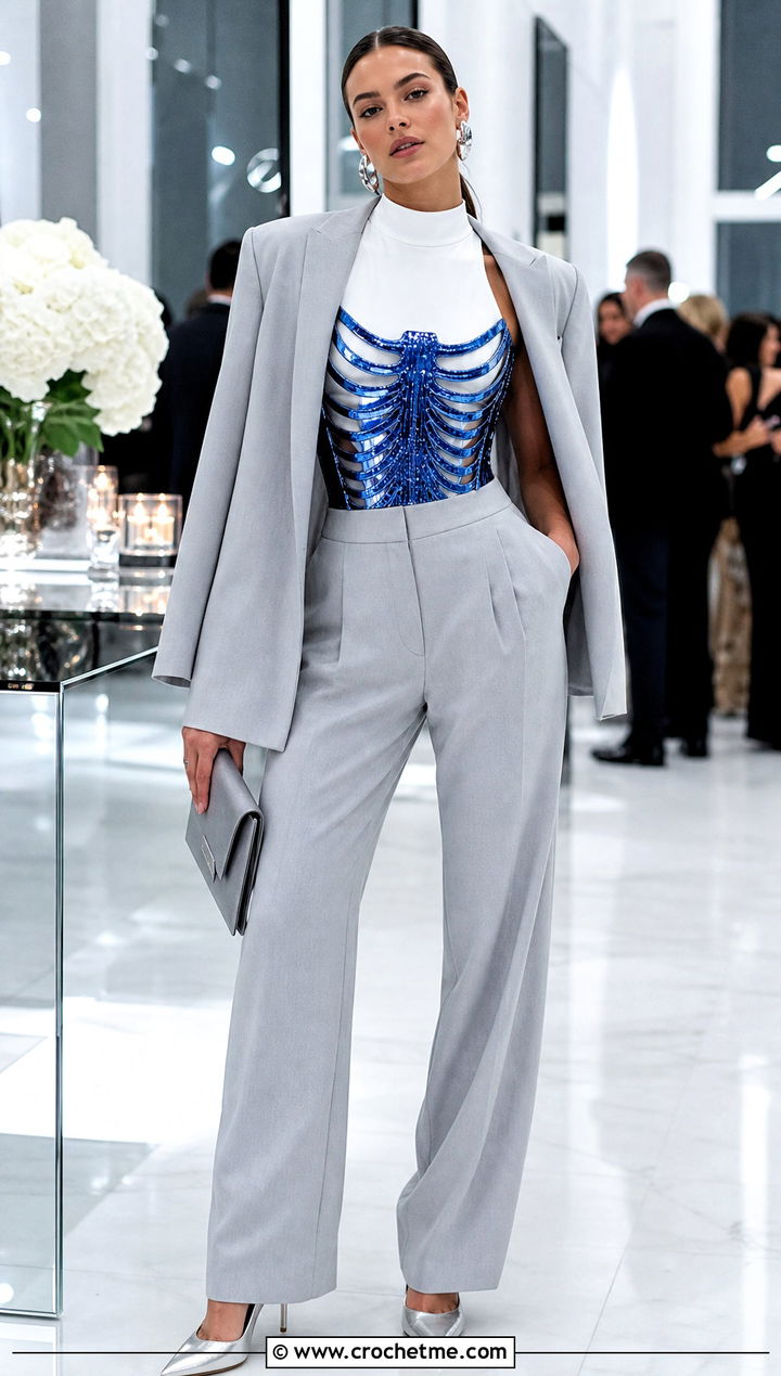 Metallic Crochet Skeleton Corset With Matching Suit - 15 crochet skeleton corset outfit ideas