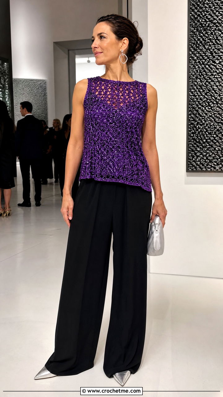 Metallic Crochet Sleeveless Top With Black Trousers - 35 crochet sleeveless top outfit ideas