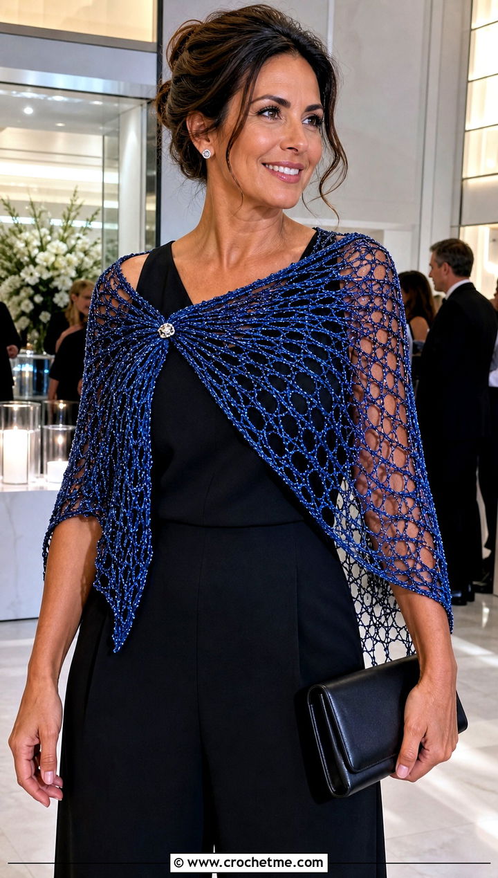 Metallic Crochet Spiderweb Shawl With Jumpsuit - 30 Crochet Spiderweb Shawl outfit ideas