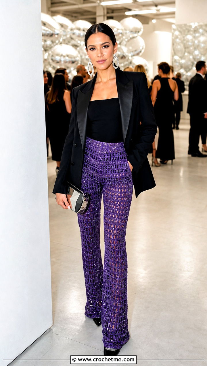Metallic Crochet Stacked Pants With Tuxedo Blazer - 25 Crochet Stacked Pants outfit ideas
