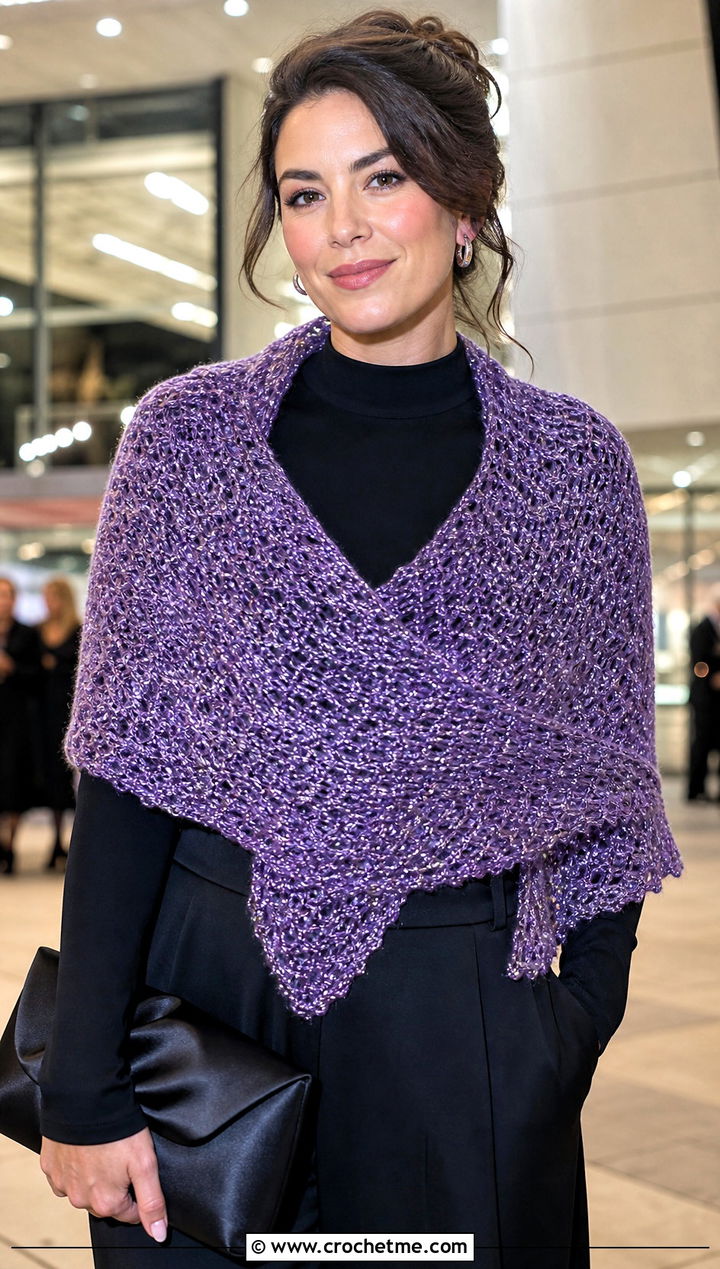 Metallic Crochet Sweater Scarf Wrap With Black Separates - 30 crochet scarf sweater wrap outfit ideas