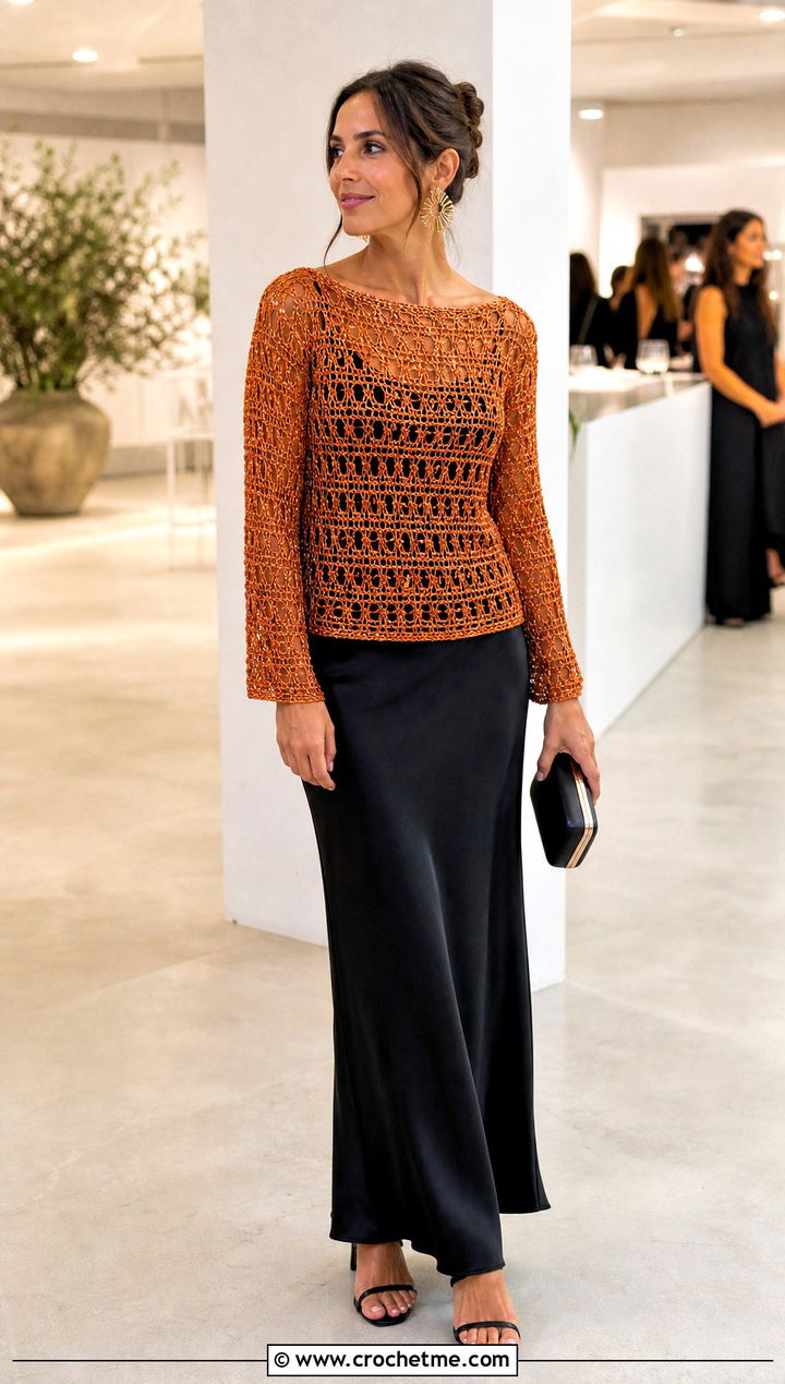 Metallic Crochet Sweater Top With Black Maxi Skirt - 35 Crochet Top Sweater outfit ideas