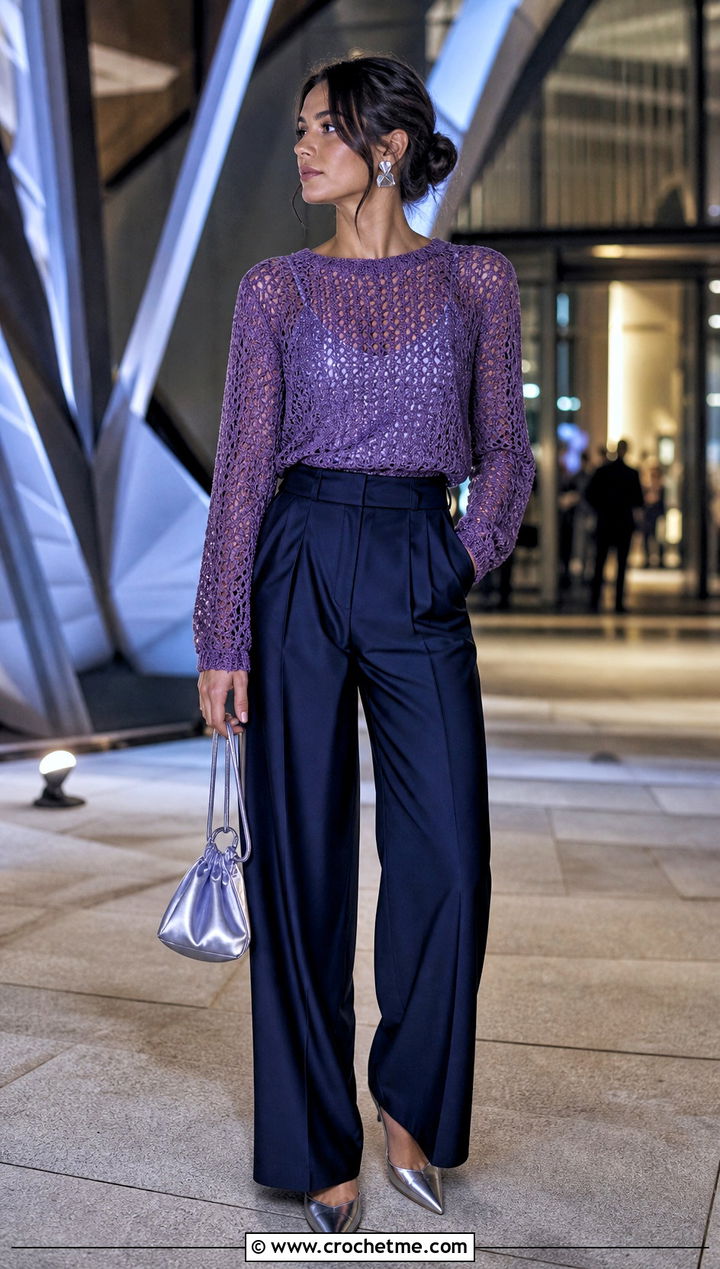 Metallic Crochet Sweater With Evening Trousers - 15 Anthropologie Crochet Sweater outfit ideas
