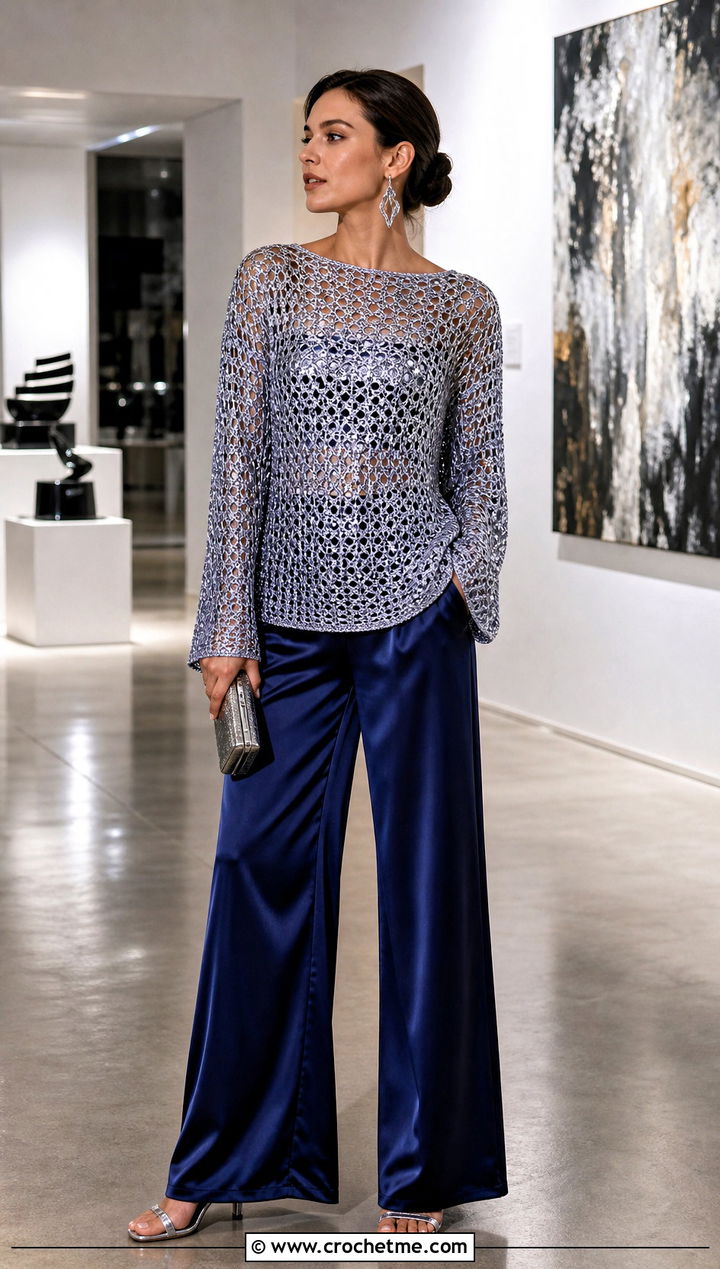 Metallic Crochet Sweater With Silk Wide Leg Pants - 35 diy crochet sweater outfit ideas
