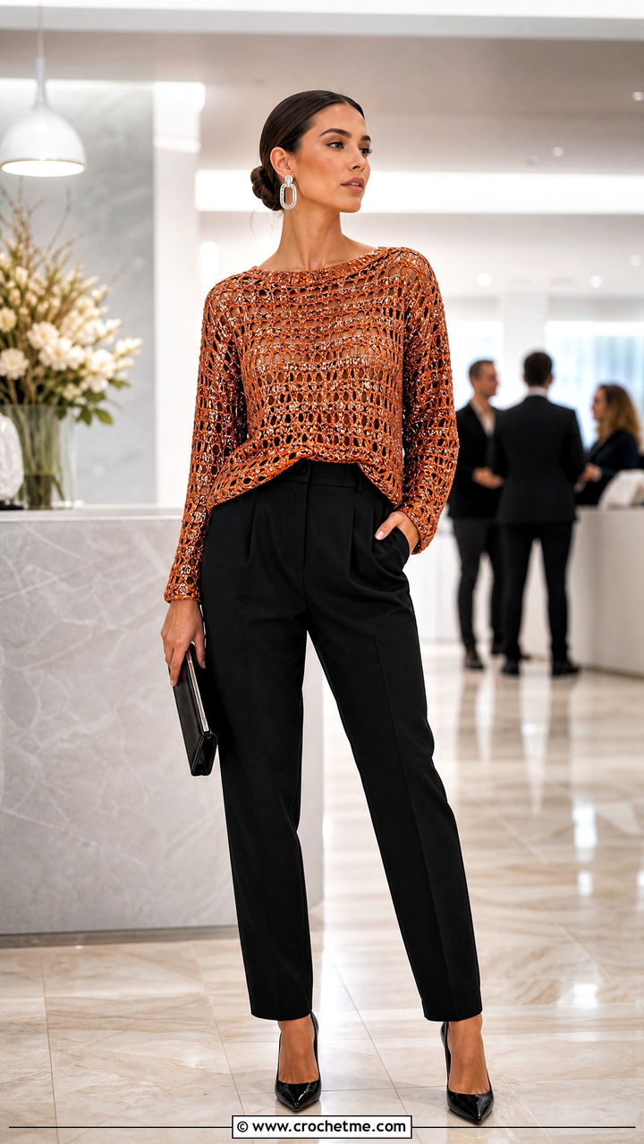 Metallic Crochet Sweater With Tuxedo Trousers - 35 crochet sweater ideas