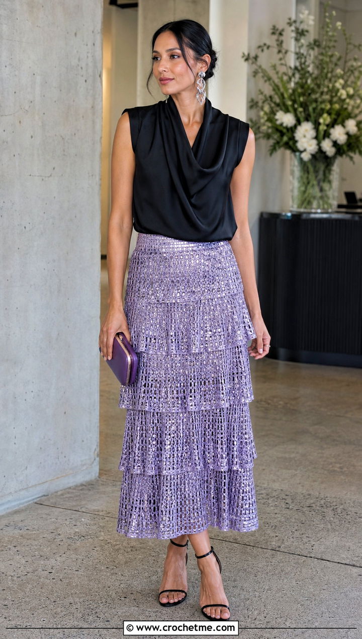 Metallic Crochet Tiered Midi Skirt With Evening Top - 35 crochet tiered skirt outfit ideas
