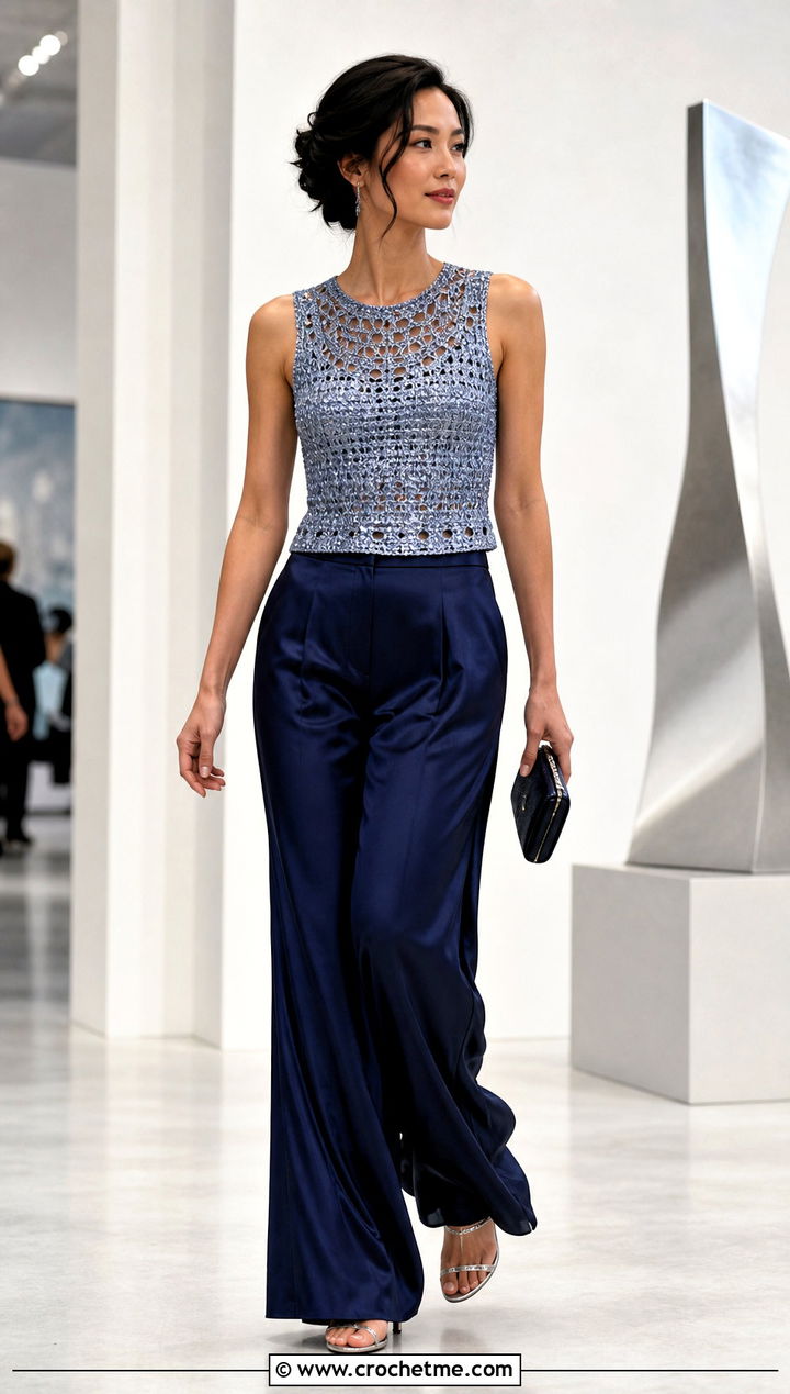 Metallic Crochet Top With Satin Trousers - 25 designer crochet top outfit ideas
