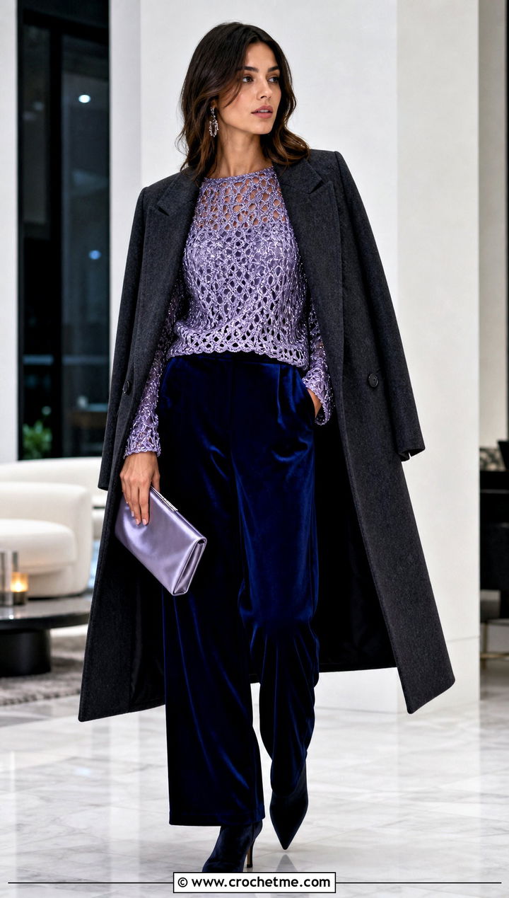 Metallic Crochet Top With Velvet Trousers - 35 winter crochet top outfit ideas