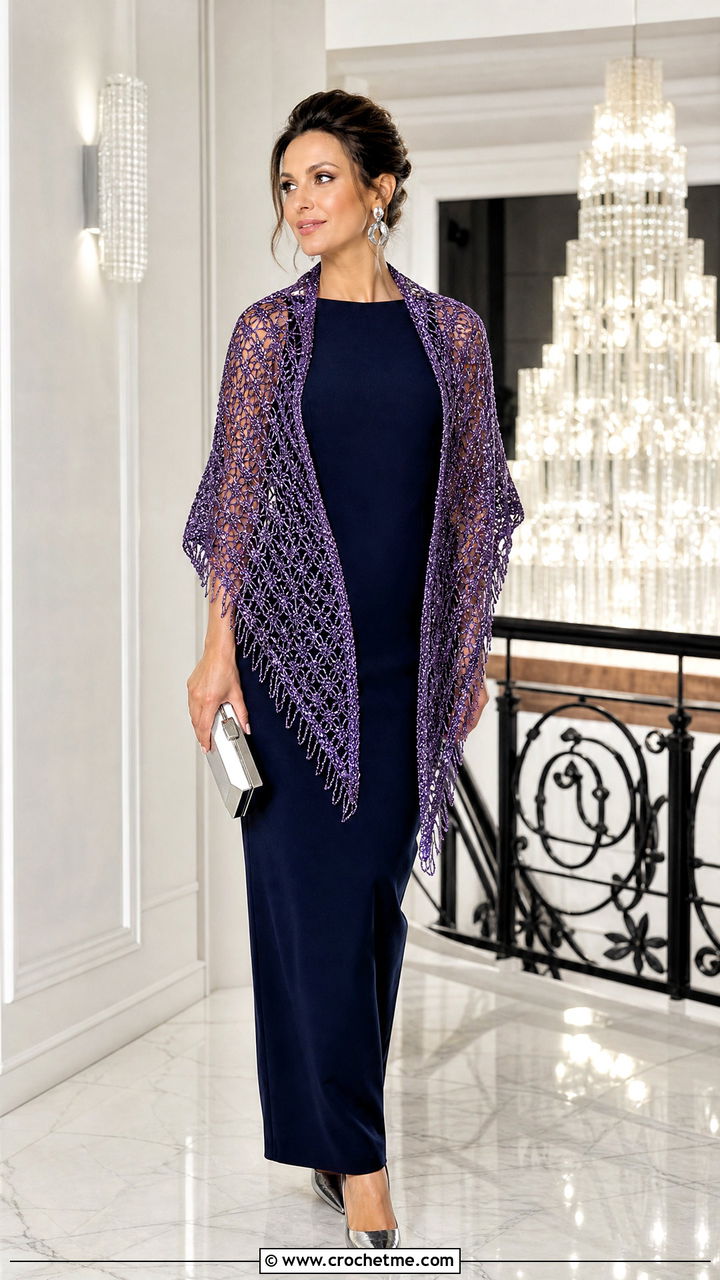 Metallic Crochet Triangle Shawl With Column Dress - 35 crochet triangle shawl outfit ideas