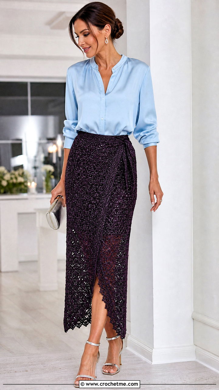 Metallic Crochet Wrap Skirt With Satin Blouse - 35 crochet wrap skirt outfit ideas