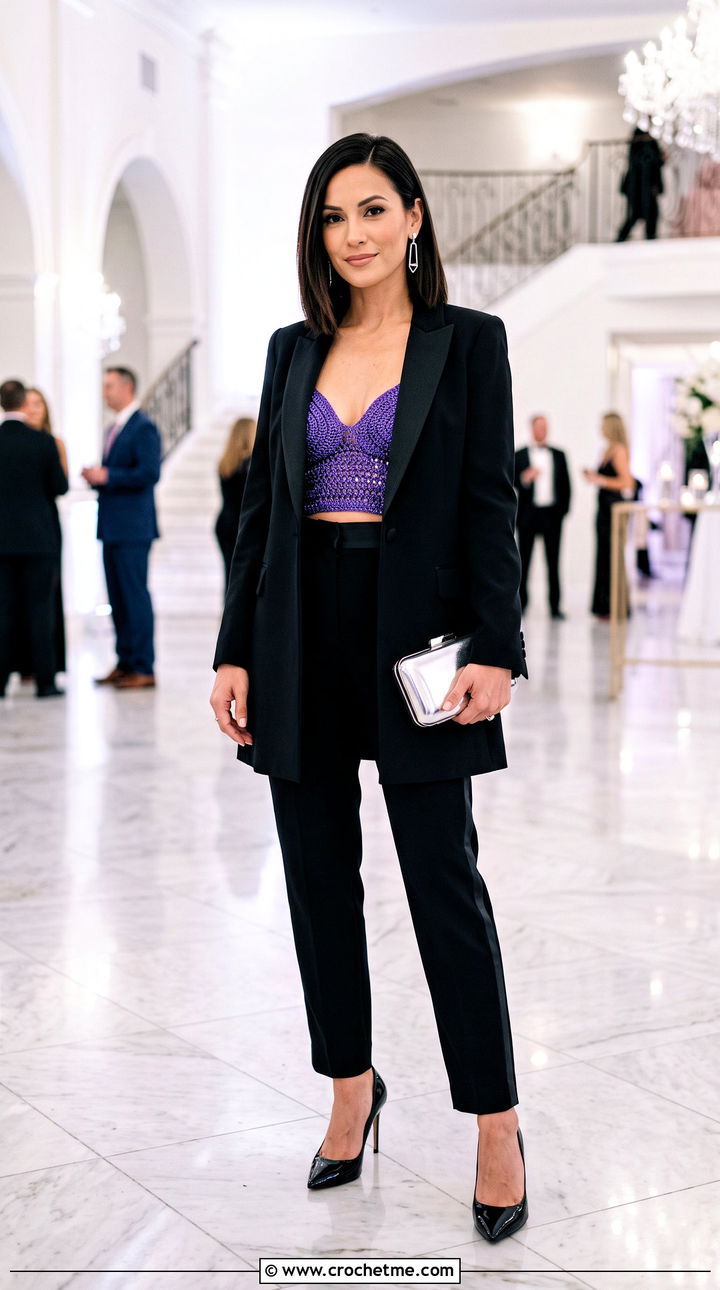 Metallic Cup Crochet Top With Tuxedo Trousers - 35 crochet cups top outfit ideas