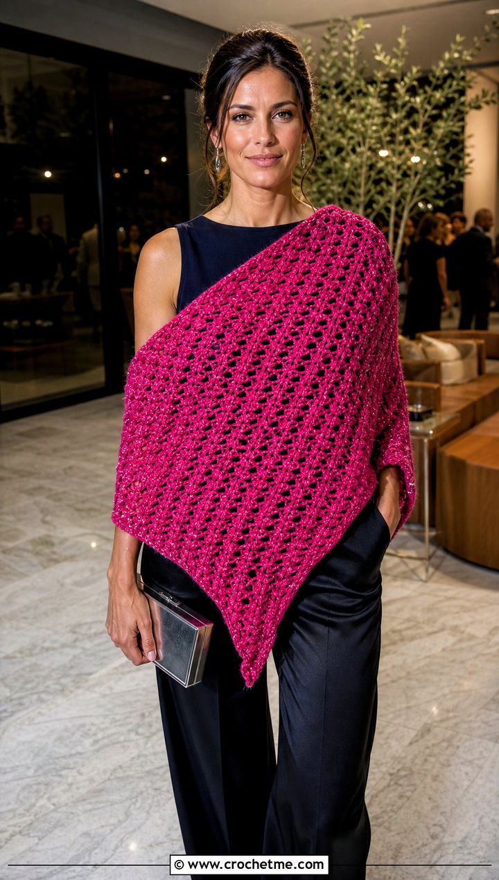 Metallic DK Yarn Crochet Shawl With Satin Pants - 25 Crochet Shawl Dk Yarn outfit ideas