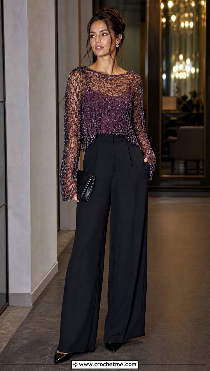 Metallic Distressed Crochet Top With Black Trousers - 35 Distressed Crochet Top outfit ideas