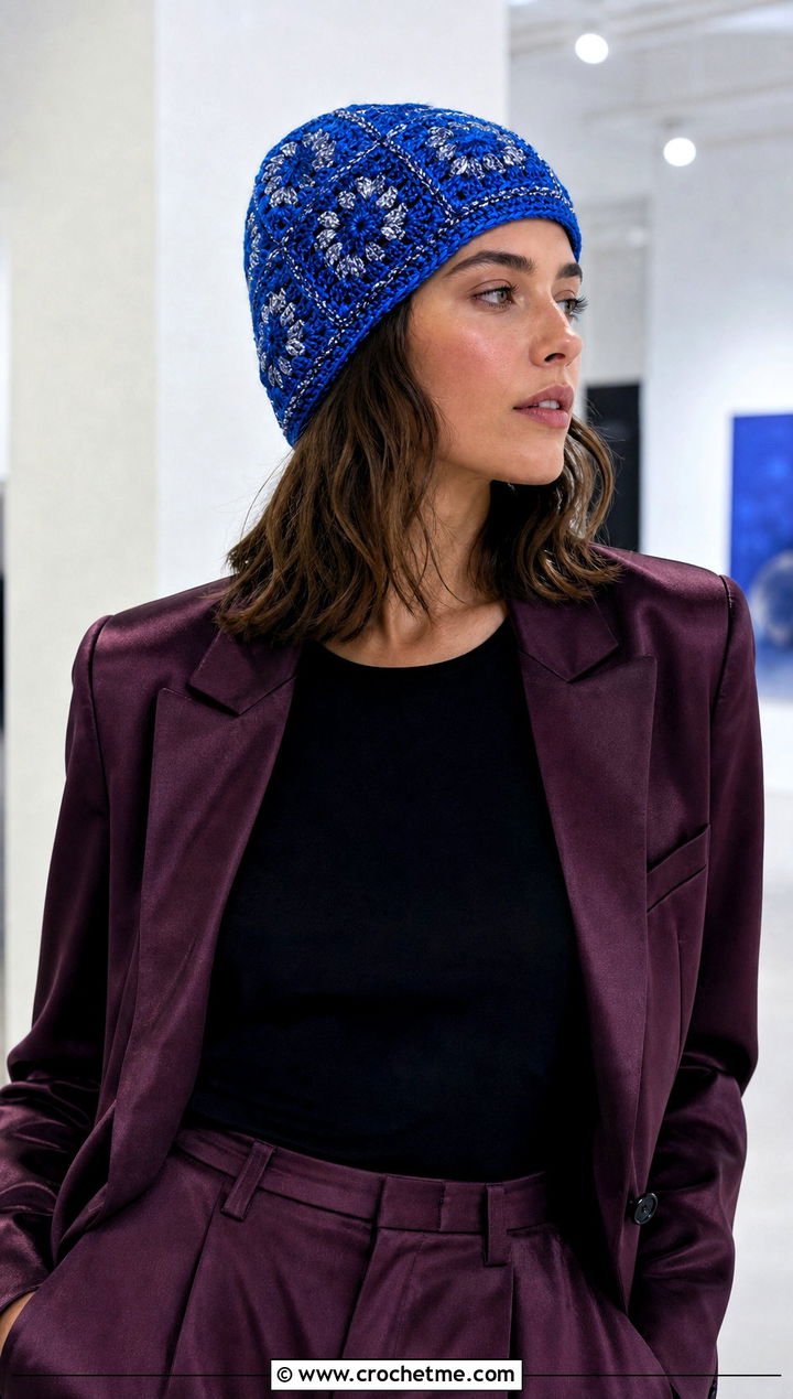 Metallic Granny Square Crochet Beanie With Satin Suit And Pointed Flats - 30 granny square crochet beanie outfit ideas