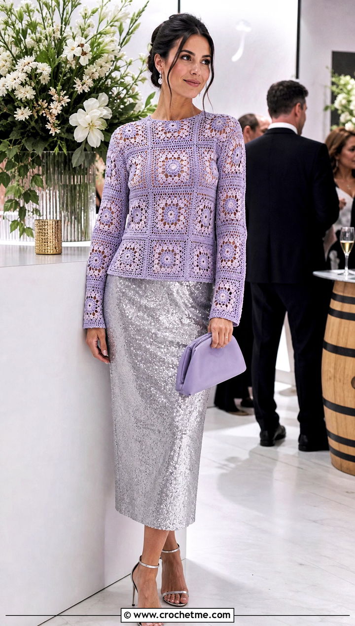 Metallic Granny Square Crochet Long Sleeve Top With Sequin Skirt - 25 Granny Square Crochet Long Sleeve Top outfit ideas
