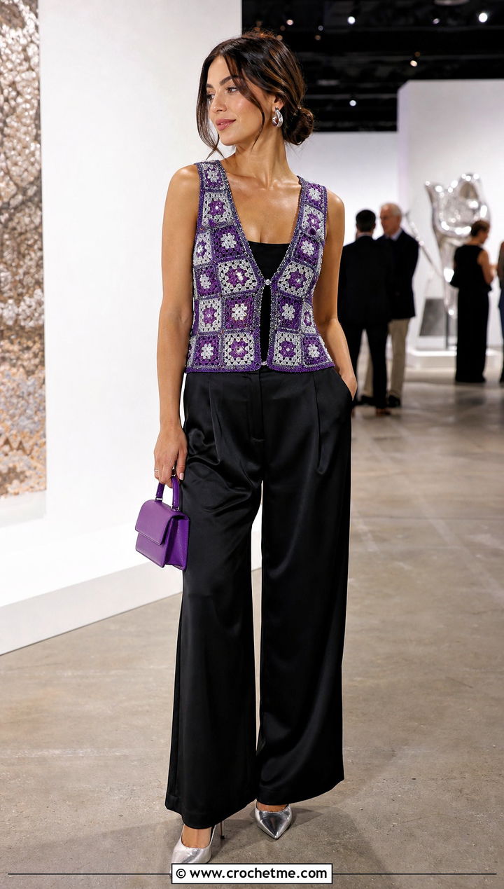 Metallic Granny Square Crochet Vest With Satin Trousers - 25 Granny Square Crochet Vest outfit ideas