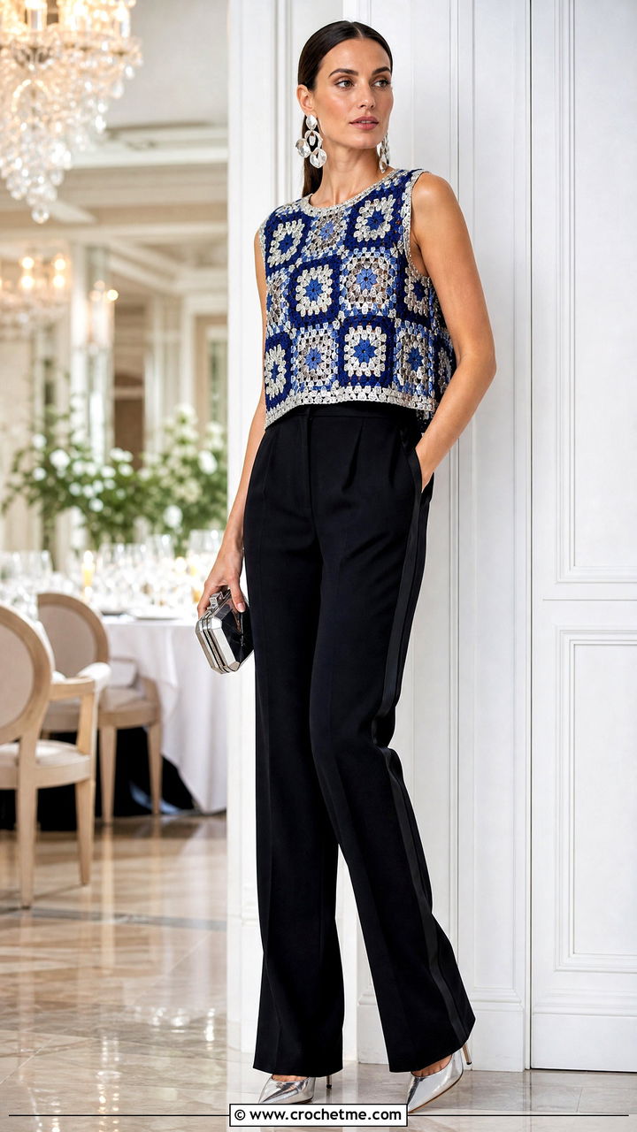 Metallic Granny Square Evening Top With Tuxedo Pants - 35 granny square tops outfit ideas