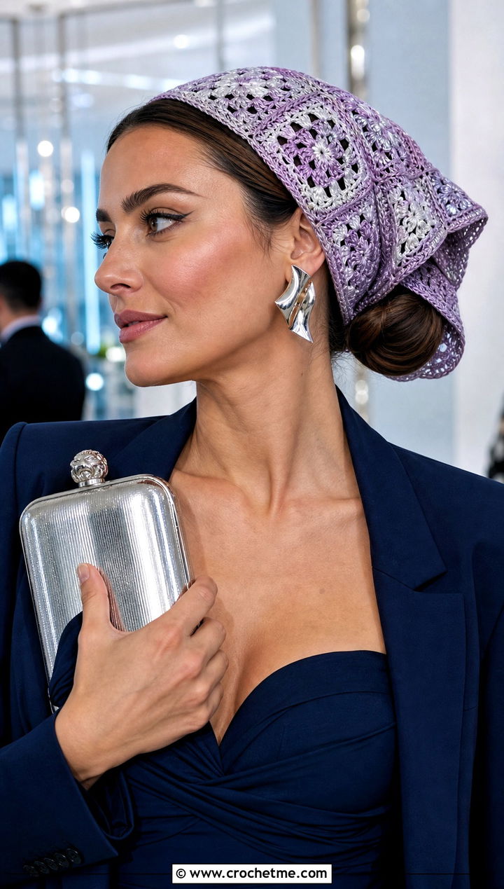 Metallic Granny Square Hair Scarf With Column Dress - 25 granny square hair scarf outfit ideas