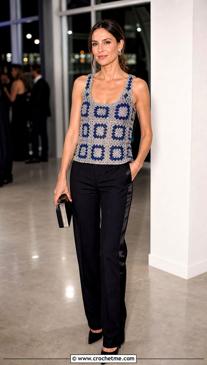 Metallic Granny Square Tank With Tuxedo Pants - 35 granny square tank outfit ideas