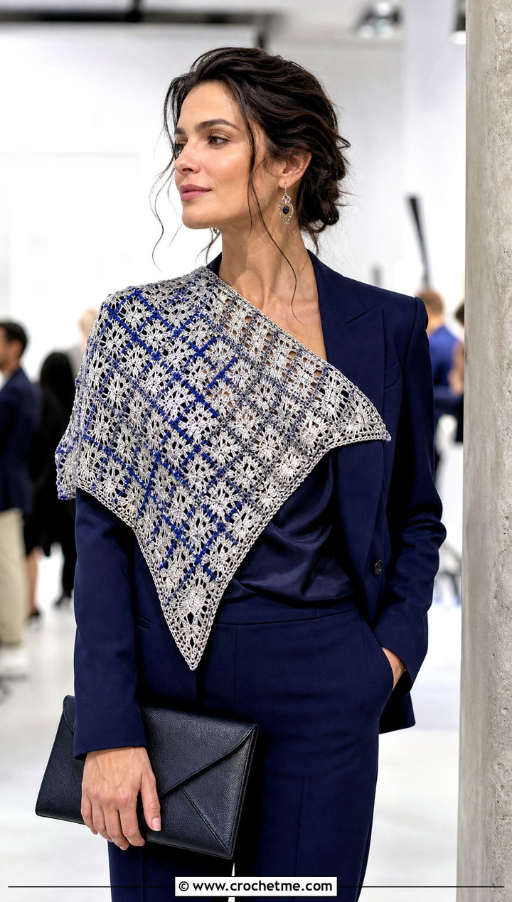 Metallic Granny Square Triangle Shawl With Trouser Suit - 30 granny square triangle shawl outfit ideas
