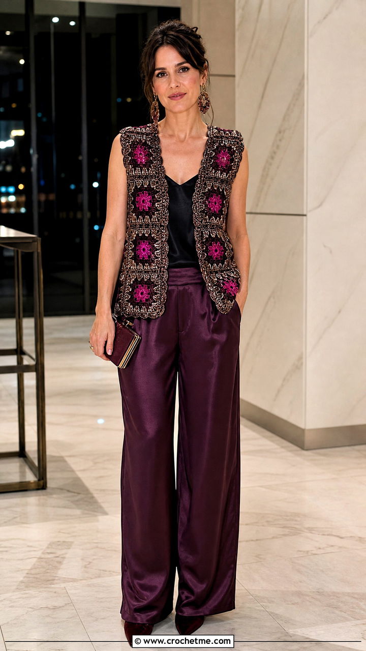 Metallic Granny Square Vest With Satin Trousers - 35 granny square vest outfit ideas