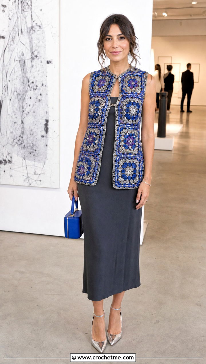 Metallic Granny Square Waistcoat With Column Dress - 35 granny square waistcoat outfit ideas