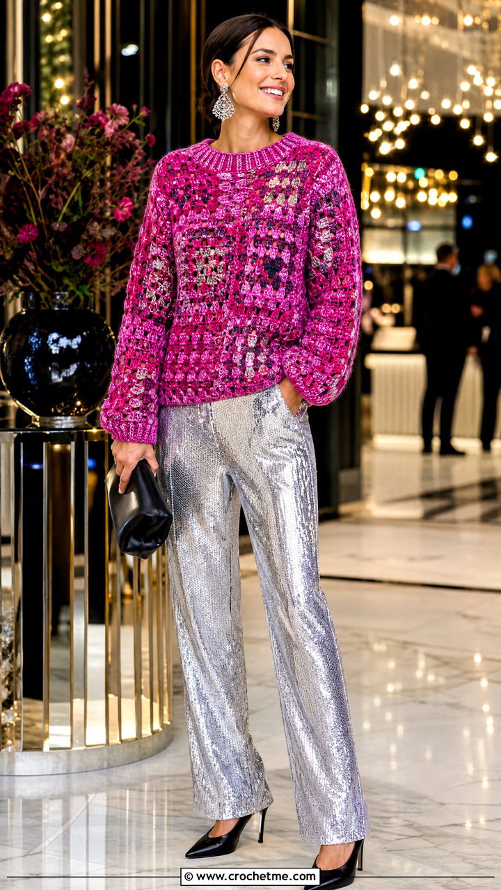 Metallic Granny Stitch Sweater With Sequin Trousers - 35 crochet granny stitch sweater outfit ideas