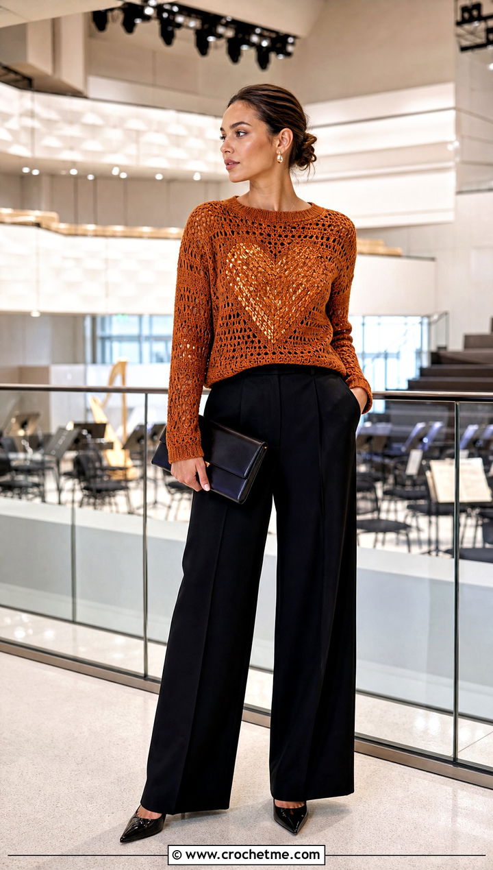 Metallic Heart Crochet Sweater With Wide Leg Pants - 35 crochet heart sweater outfit ideas
