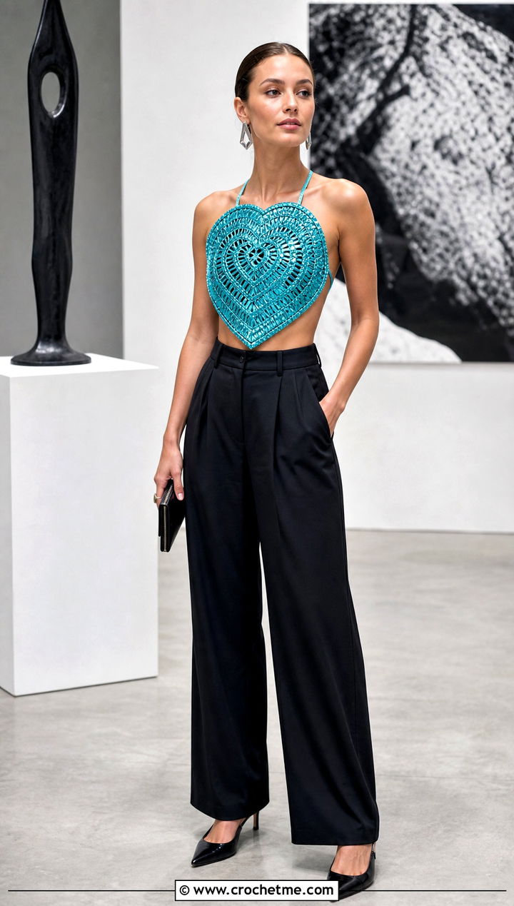 Metallic Heart Crochet Top With Black Trousers - 15 heart crochet top outfit ideas