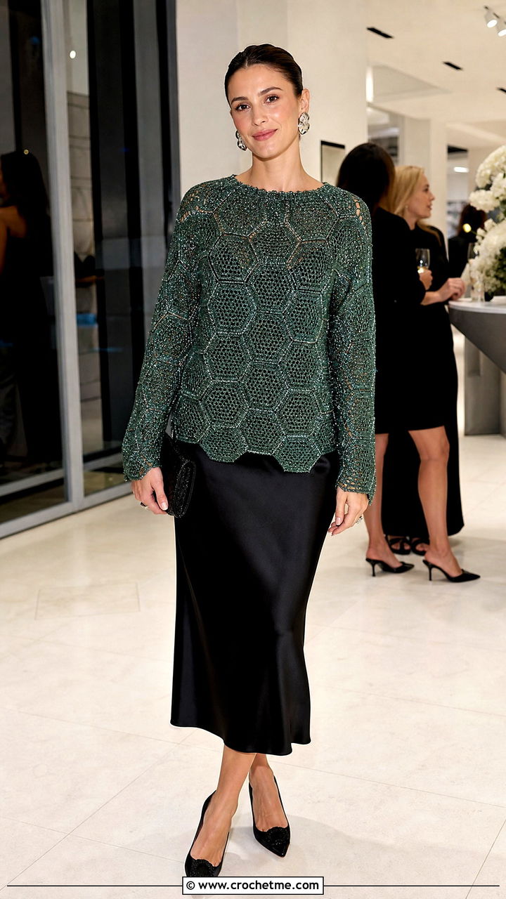 Metallic Hexagon Sweater With Black Slip Skirt - 35 crochet hexagon sweater outfit ideas