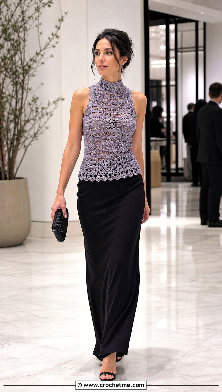 Metallic High Neck Crochet Top With Black Maxi Skirt - 35 high neck crochet top outfit ideas