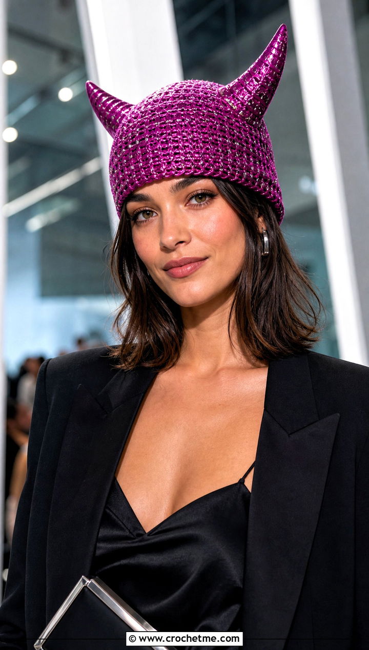 Metallic Horned Beanie With Evening Suit - 20 Crochet Horned Beanie outfit ideas