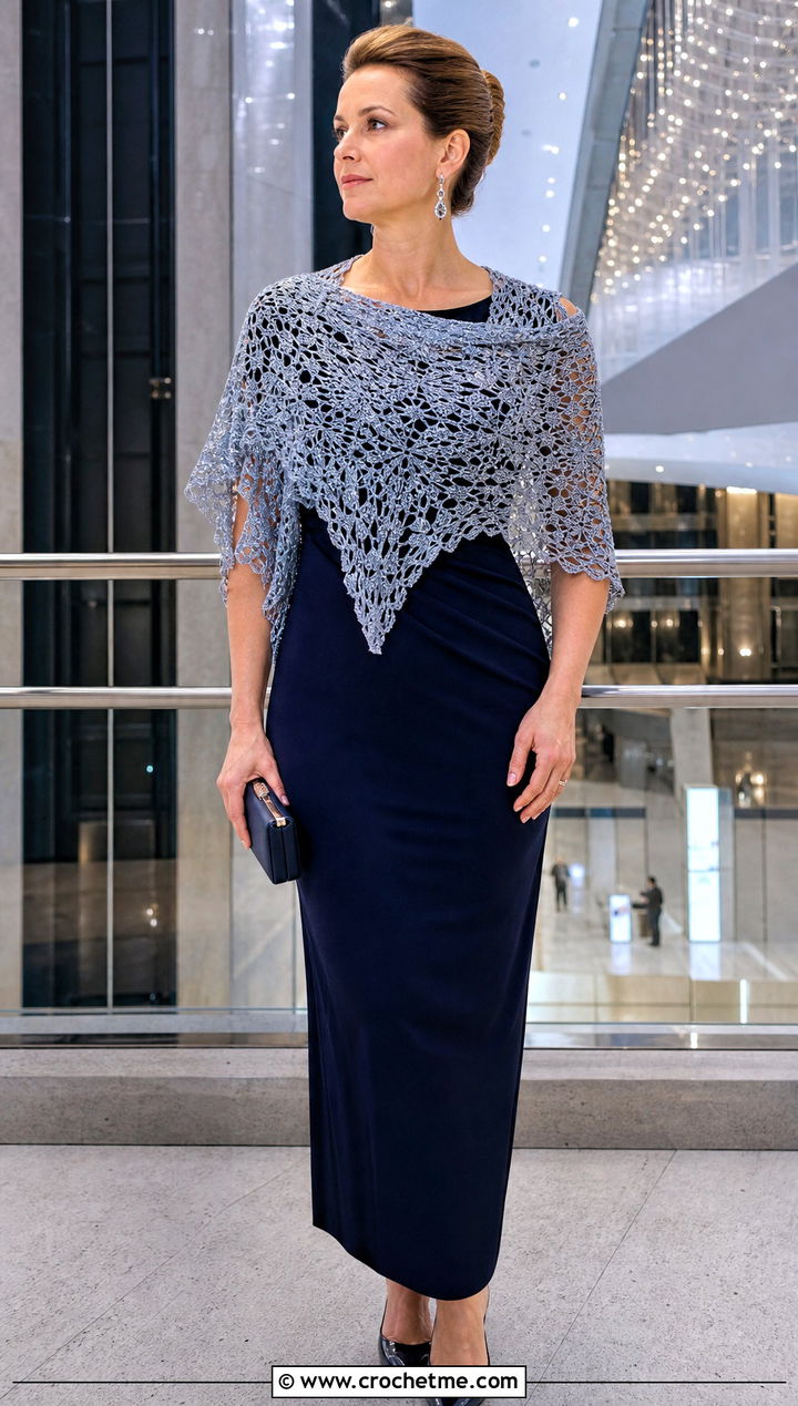 Metallic Lace Triangle Shawl With Column Dress And Pumps - 25 Crochet Lacy Triangle Shawl outfit ideas