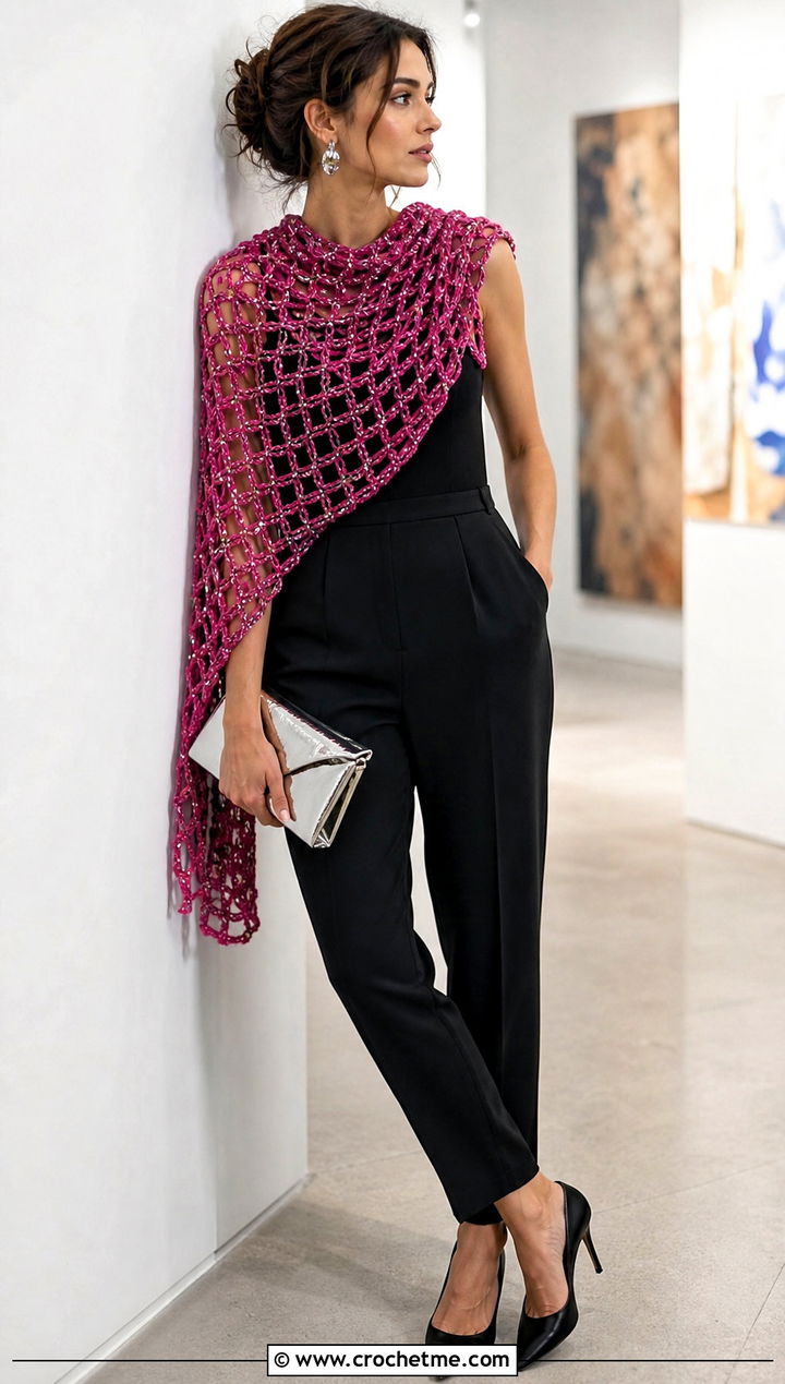 Metallic Mesh Crochet Scarf With Black Jumpsuit - 25 Mesh Crochet Scarf outfit ideas