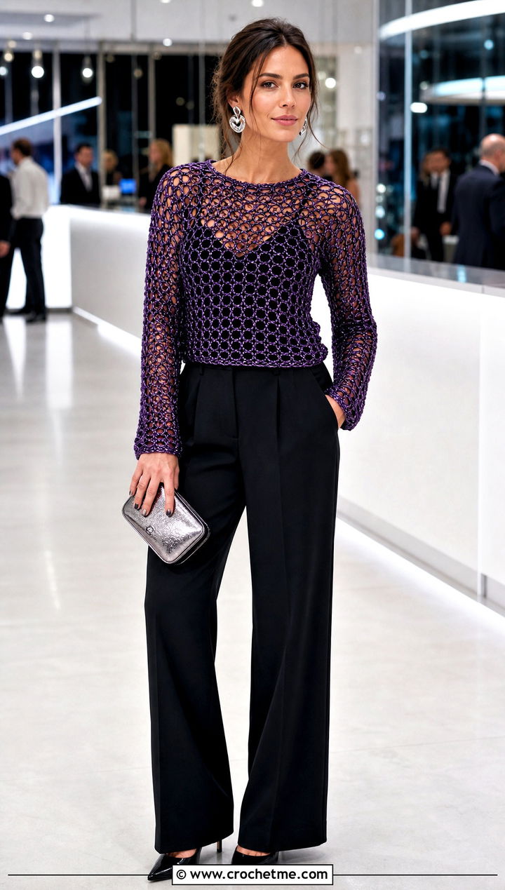 Metallic Mesh Crochet Sweater With Black Trousers - 30 mesh crochet sweater outfit ideas