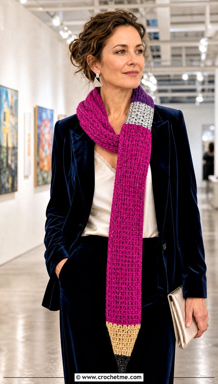 Metallic Pencil Crochet Scarf With Evening Suit - 30 Pencil Crochet Scarf outfit ideas