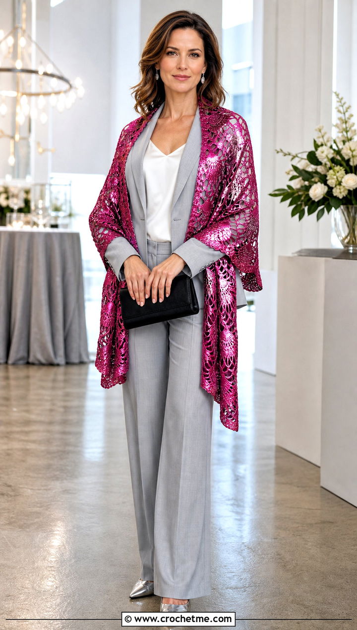 Metallic Pineapple Crochet Shawl With Trouser Suit - 25 pineapple crochet shawl outfit ideas