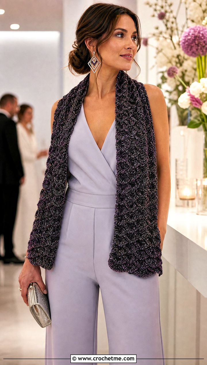 Metallic Shell Crochet Scarf With Evening Jumpsuit - 20 Shell Crochet Scarf outfit ideas