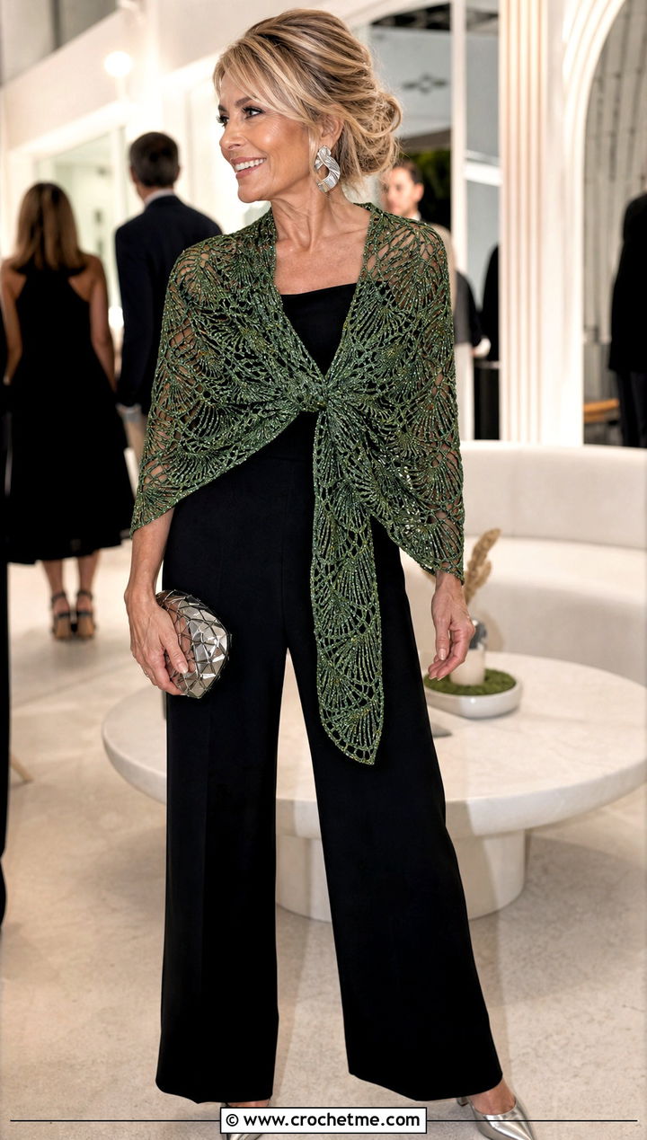 Metallic Shell Evening Shawl With Jumpsuit - 20 Crochet Shell Shawl outfit ideas