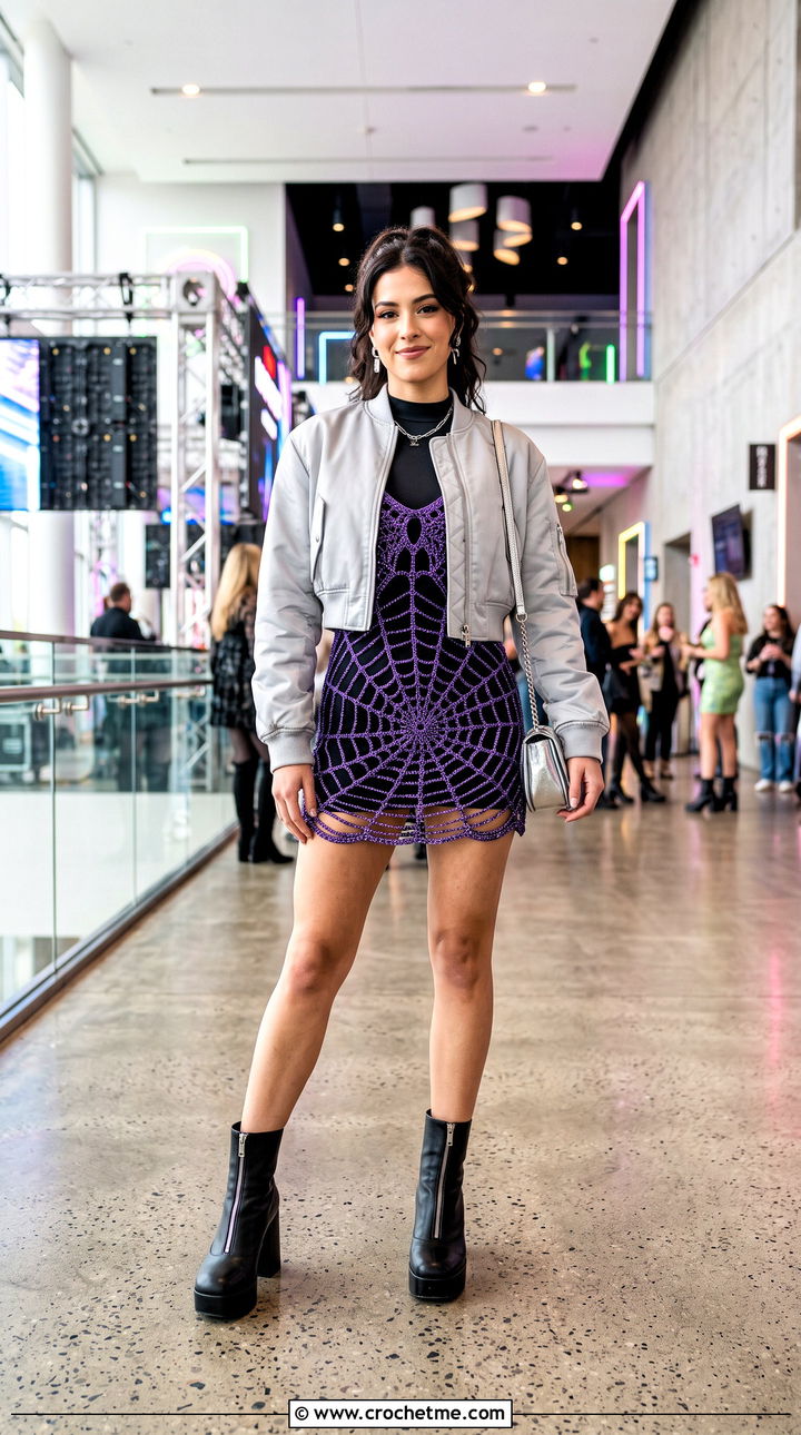 Metallic Spider Web Crochet Mini Dress With Bomber Jacket - 15 spider web crochet dress outfit ideas