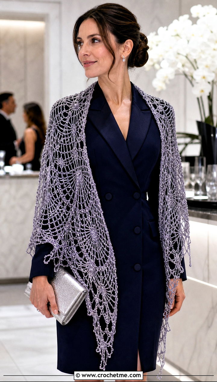 Metallic Spiderweb Crochet Shawl With Blazer Dress - 30 spiderweb crochet shawl outfit ideas